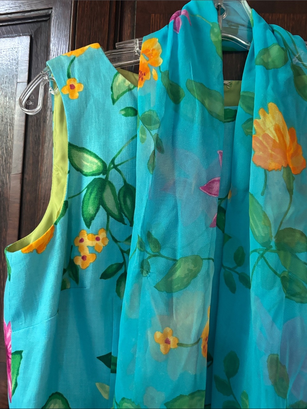 Talbots Turquoise Floral Shift Dress with matching silk scarf - Picture 6 of 8